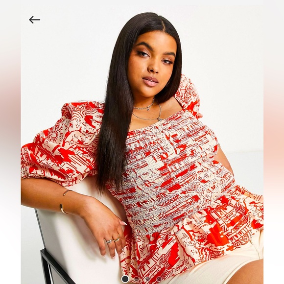 River Island Tops - River Island Plus shirred puff sleeve print blouse in red